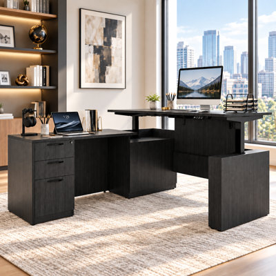 66.93" L Shaped Executive Standing Desk With File Cabinet with Pre-Assembled Frame and Lockable Cabinet