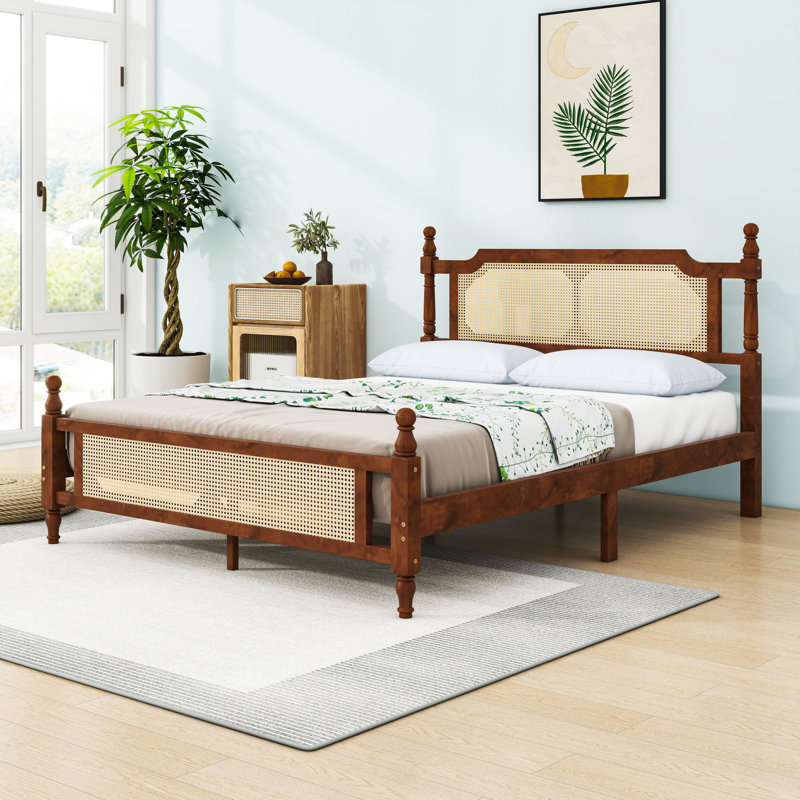 Platform Bed with Rattan Headboard, Walnut, Queen
