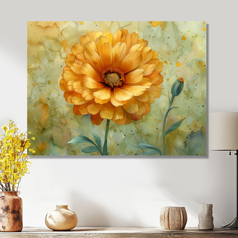 Jaune jaune vert fleuri souci - art mural souci, Sans cadre, métal, H 12 po x l 20 po