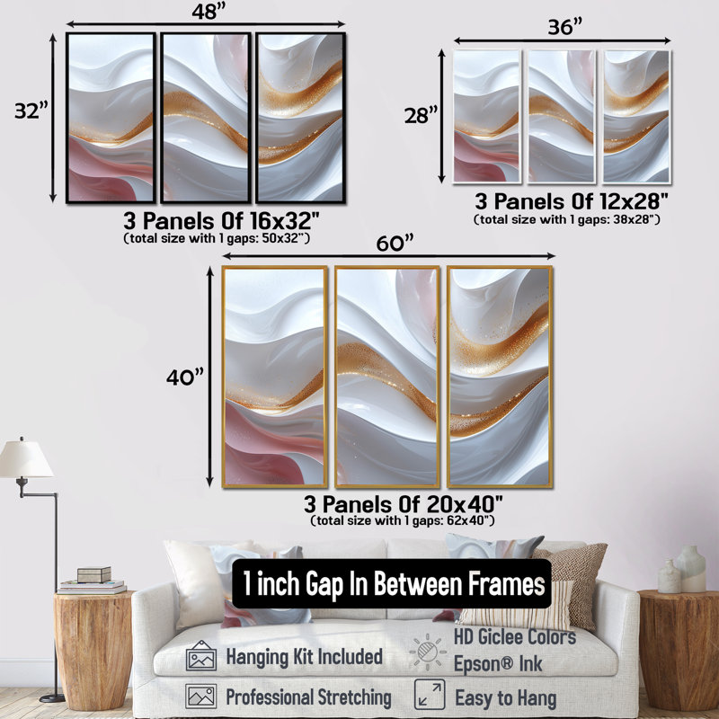 Ensemble de salon art mural blanc et doré fractal Marble Waves I, Toile avec cadre flottant noir, H 32 po x l 48 po x P 1 po