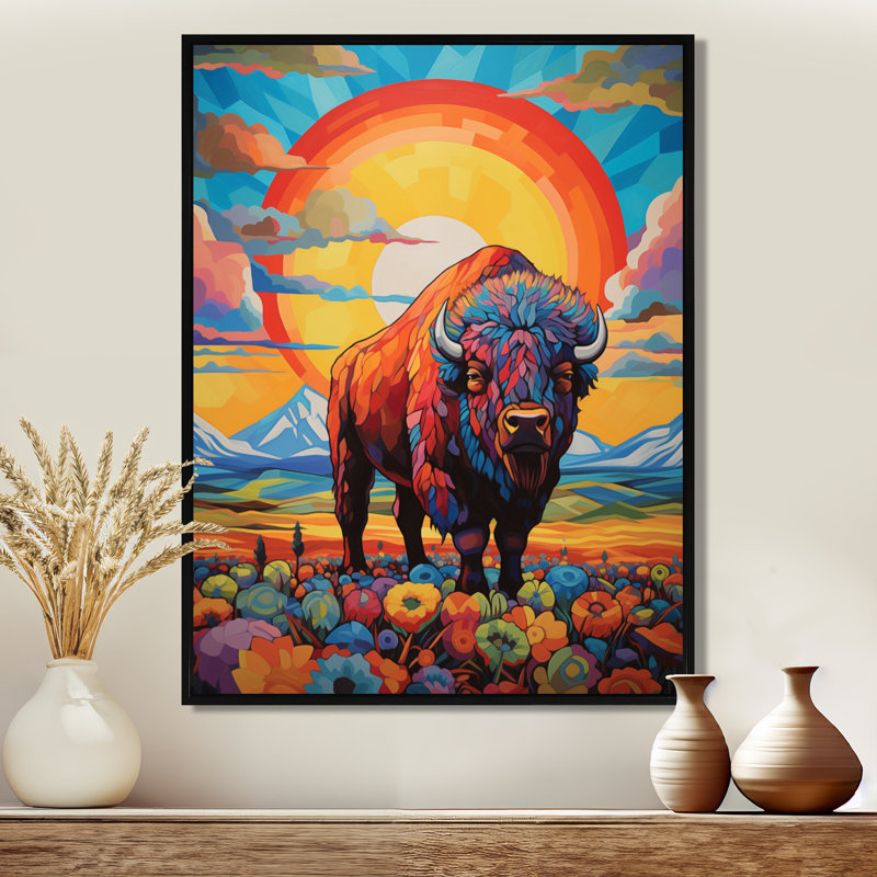 «Bison in Floral Mountain Landscape At Sunset II - Buffalo / Bison Animal», reproduction d'art murale, Métal métal