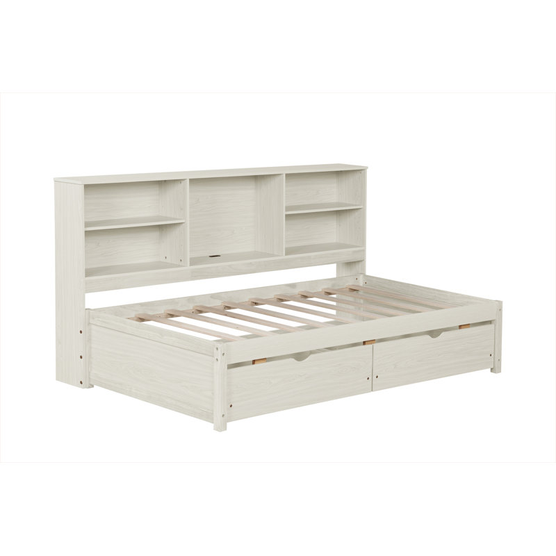 Structure de lit simple avec tablettes latérales, deux tiroirs et port USB intégré, Blanc crémeux