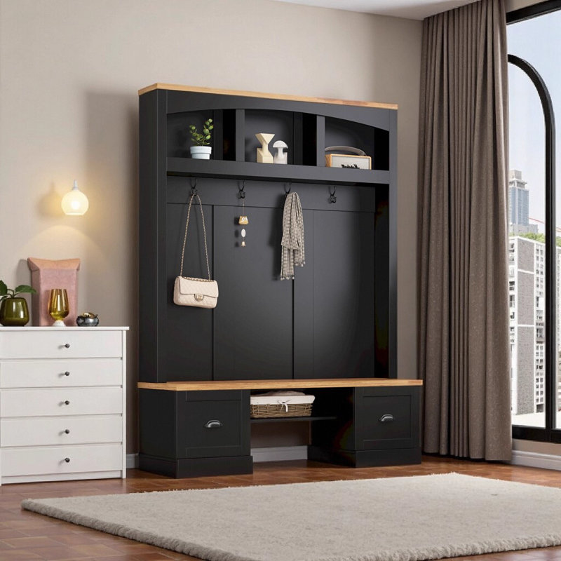 Arbre d'entrée 4-en-1 Farmhouse avec banc à grain de bois et tablettes réglables, portemanteau noir multifonctionnel pour le salon du vestibule