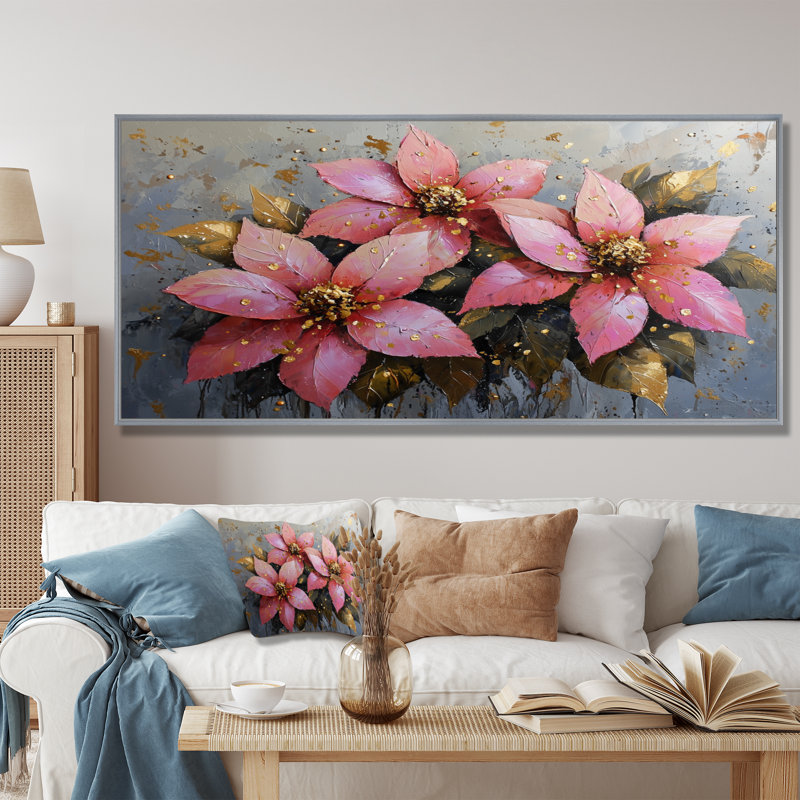 Hiver rose couronne de poinsettias - art mural poinsettias, H 28 po x l 60 po, Encadrement argenté