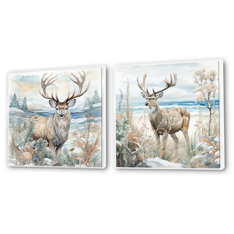 Ensemble de 2 cerfs charmants en hiver, Cadre flottant blanc, H 16 po x l 33 po