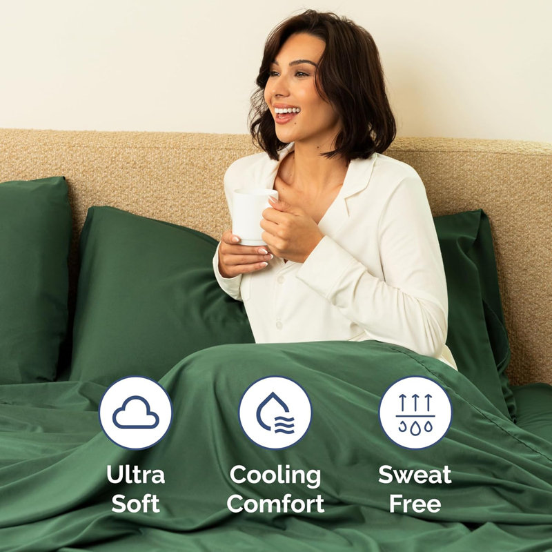 Bamboo Sheet Set, Cooling & Breathable Bed Sheets, Soft Hotel Luxury Bedding, Deep Pocket Fit, Emerald Green