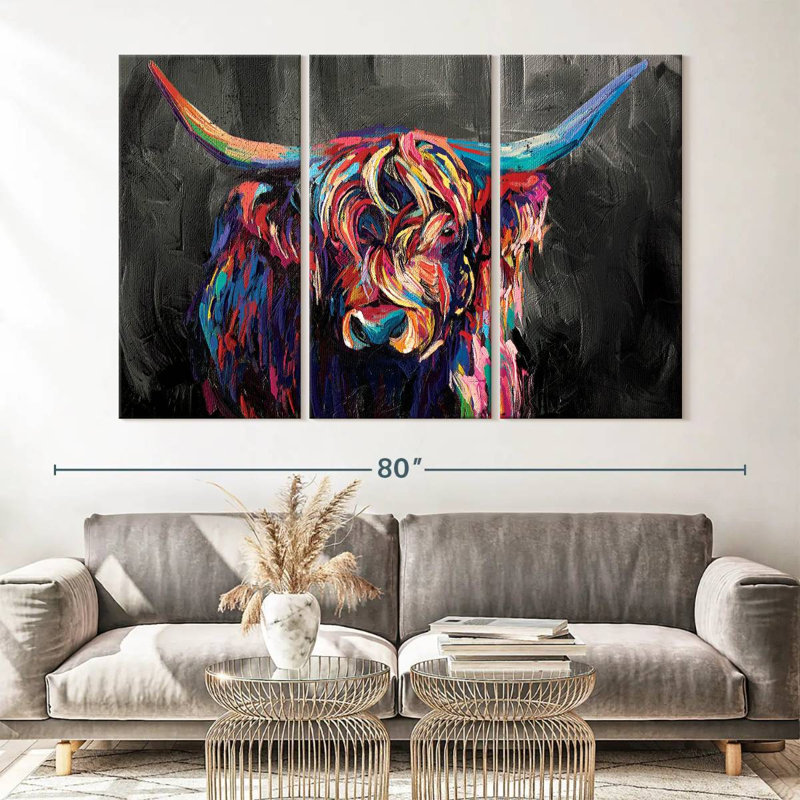 Highland Cow Highland Cow, ensemble de 3 pièces en acrylique sur toile, H 42 po x l 65 po x P 1,25 po