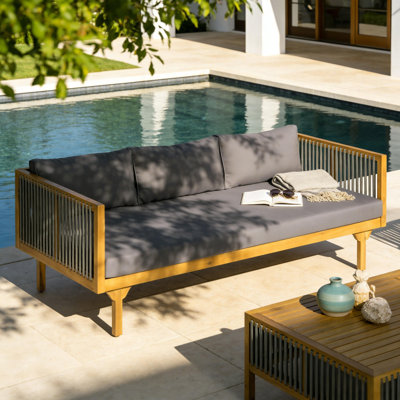 Canapé d'extérieur avec coussin gris foncé et corde grise, finition teck en bois d'acacia, tissu hydrofuge