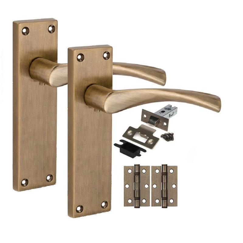 Golden Grace 1 Pair Victorian Design Astrid Door Handle Internal Pack Satin Brass Finish - Bathroom and Lock Set with Hinges - 150mm x 40mm
