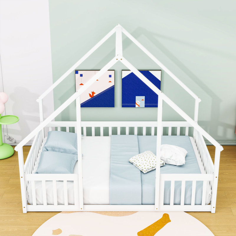 Wood House-Shaped Floor Bed With Guardrails, White, Full