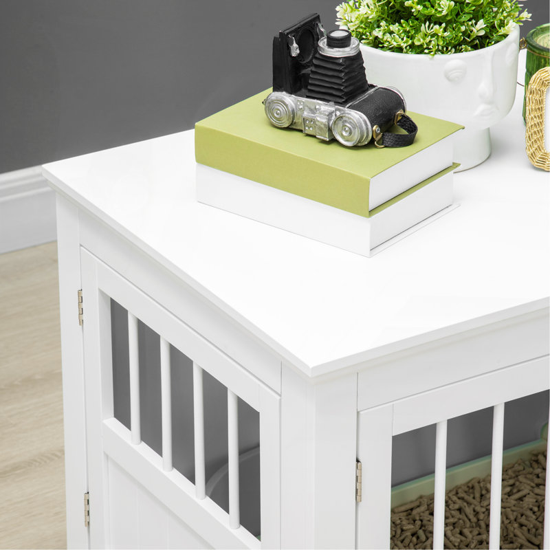 Table de bout pour chien avec portes triples, cage à chien en bois pour l'intérieur, cage pour chiots et tubes en acier, pour petits chiens, blanc