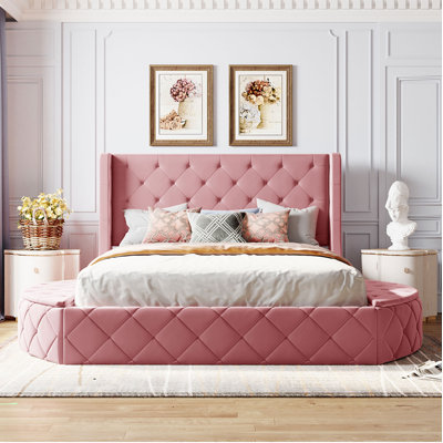 Upholstered Platform Bed Queen Size Storage Velvet Bed With Wingback Headboard And 1 Big Drawer,2 Side Storage Stool -  Everly Quinn, 52A022BB84C9454183DC534264E434CD