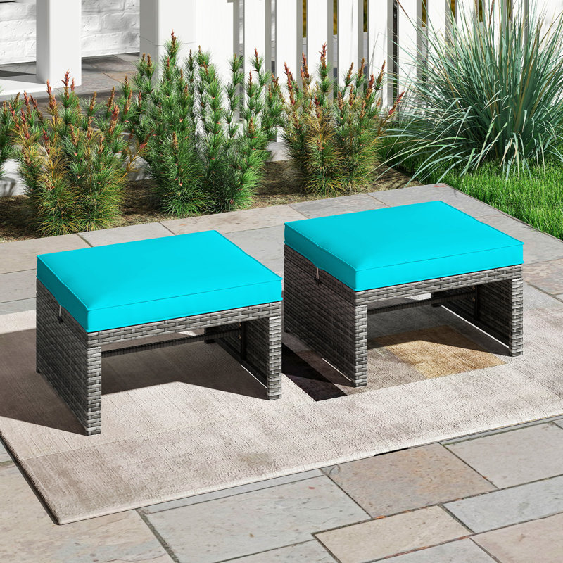Repose-pieds 2 pièces en rotin PE avec coussins à fermeture à glissière pour terrasse Turquoise, Turquoise
