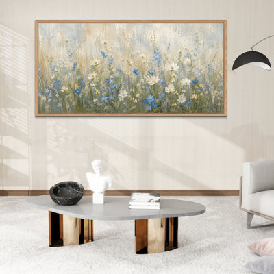 60"x30" Large Framed Wall Art – Blue and white wildflower field painting Canvas Print with Wood Frame, Ready to Hang