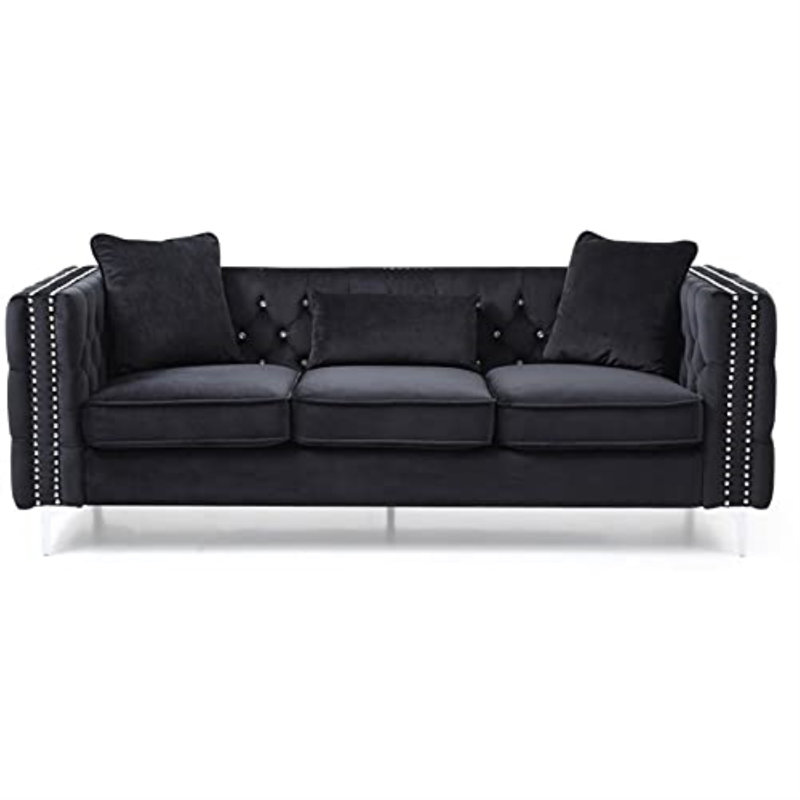 Paige Mid Century Modern Velvet Sofa, Black Velvet
