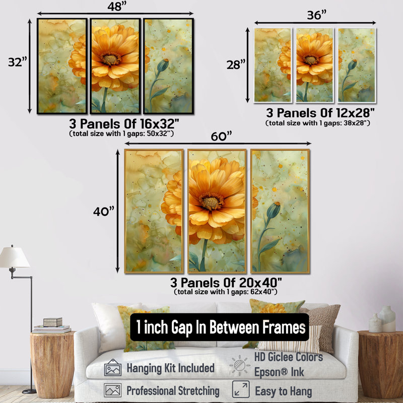 Jaune jaune vert Tender Bloom Marigold - ensemble d'art mural souci, H 28 po x l 36 po x P 1 po