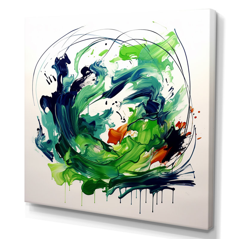 «Green and White Abstract Ink Expression III», art mural abstrait, Toile tendue, H 36 po x l 36 po x P 1,5 po