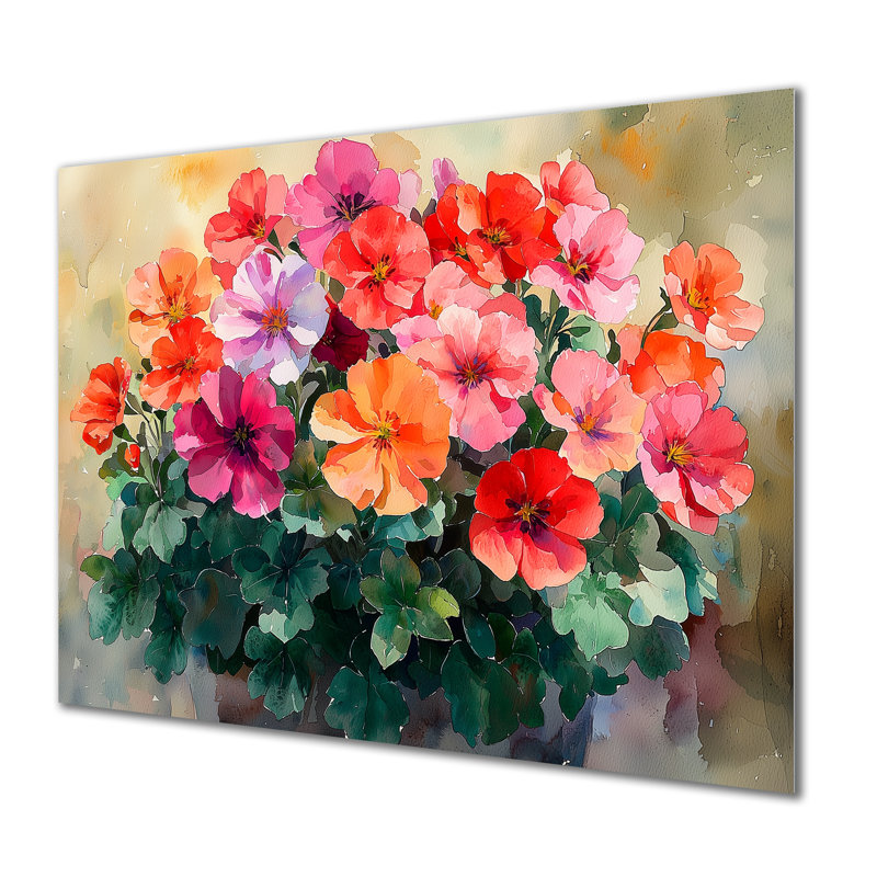 Jardin géranium dans un réalisme de couleurs ensoleillées - reproduction d'art traditionnelle en métal, art mural en métal géraniums