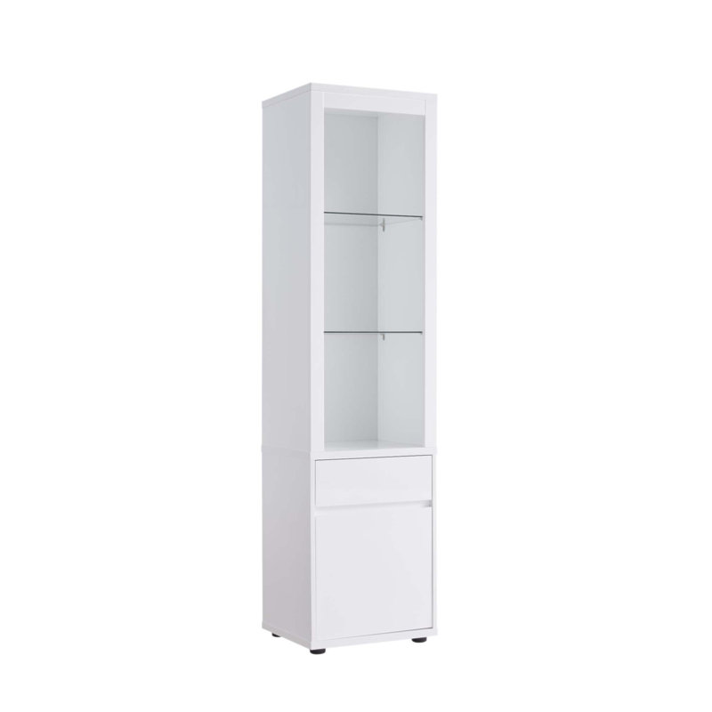 Vitrine contemporaine avec trois tablettes en verre et rangement inférieur, parfaite pour la décoration et l'organisation modernes.