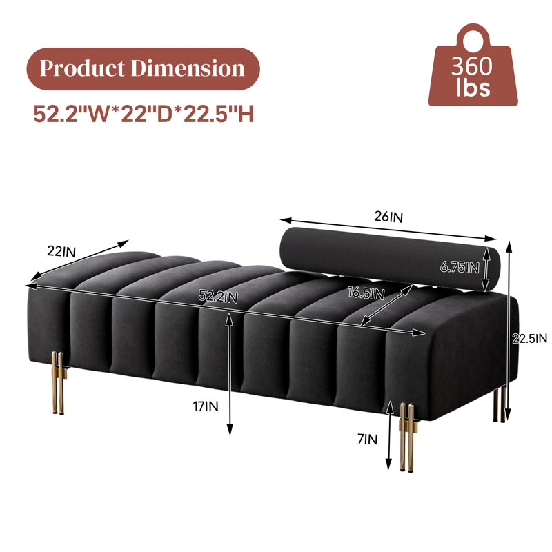  52" Channel Tufted Velvet End of Bed Bench with Gold Metal Legs, Black