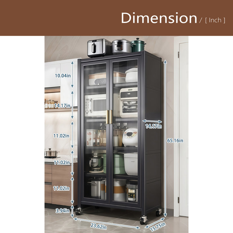Armoire de rangement pour garde-manger, armoire de rangement en métal à 6 niveaux avec porte transparente, tablettes et roulettes réglables, armoires pour garde-manger, pour la cuisine, le salon et la salle à manger