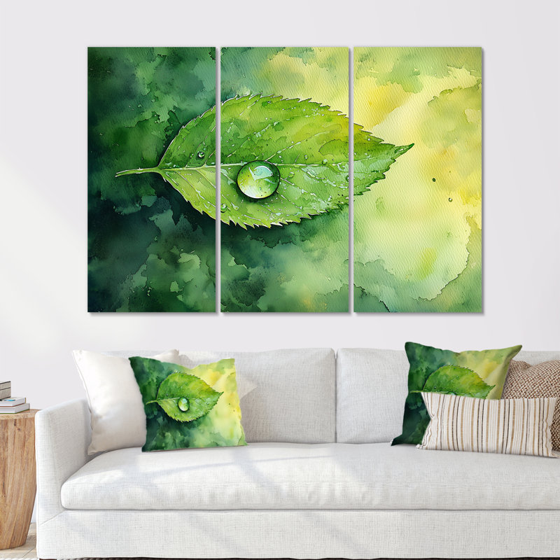 Goutte d'eau verte sur feuille II - feuilles, art mural - ensemble de 3, H 40 po x l 60 po, Toile tendue, Ne s’applique pas