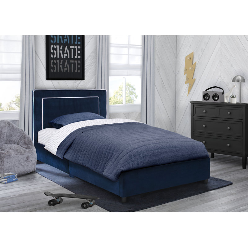 Blue Upholstered Twin Bed with Wood Frame and Headboard