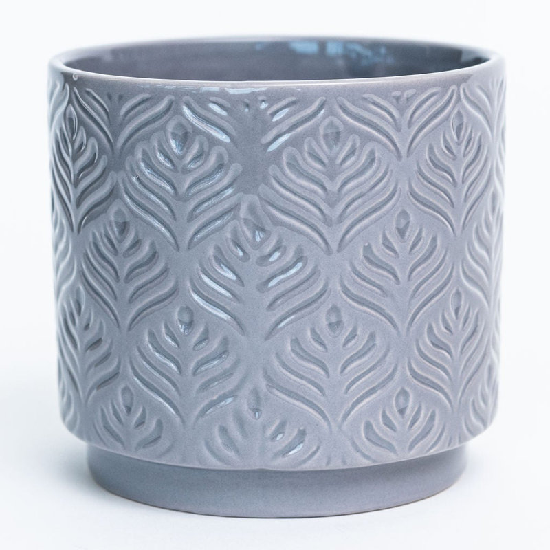 Pot de fleurs gris à motif de plumes de paon