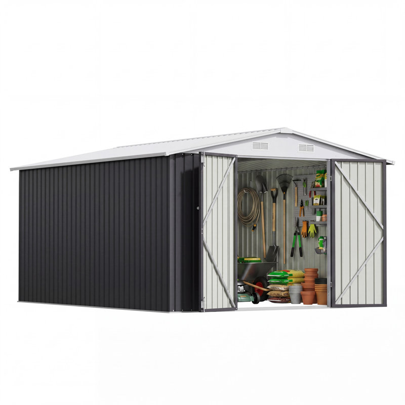 10 pi. L 12 pi. D Remise extérieure en métal résistante aux intempéries avec portes verrouillables et ventilation pour patio
