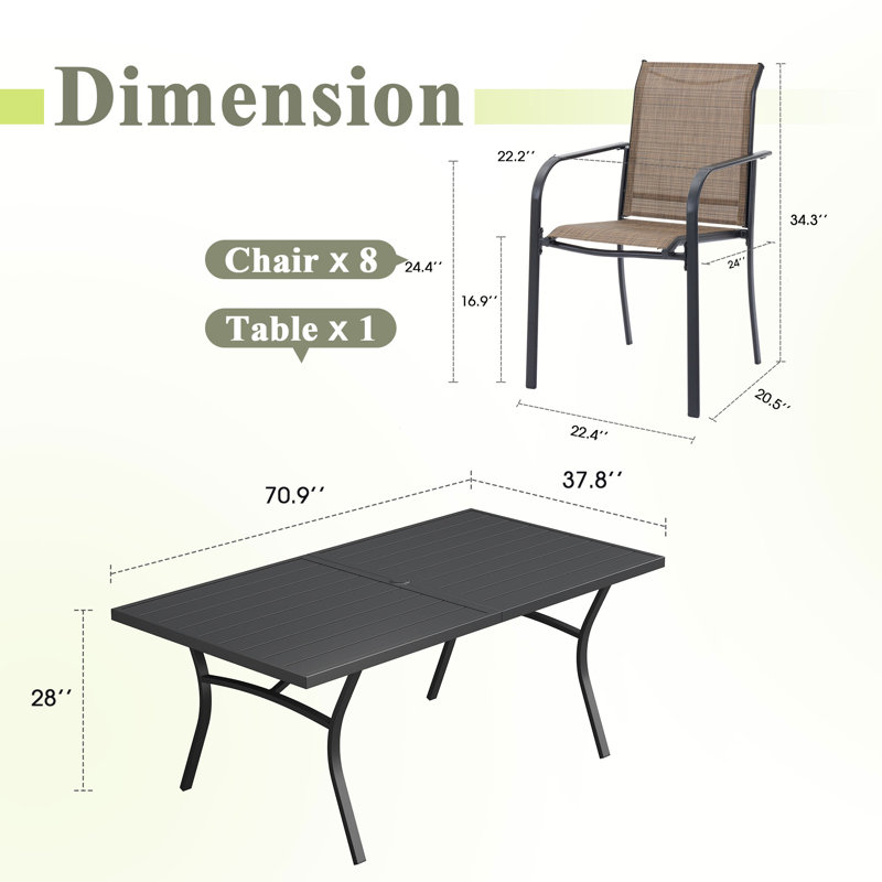 8-Person Rectangular Patio Dining Set With Stackable PVC-coated polyester Chairs, Black/Brown