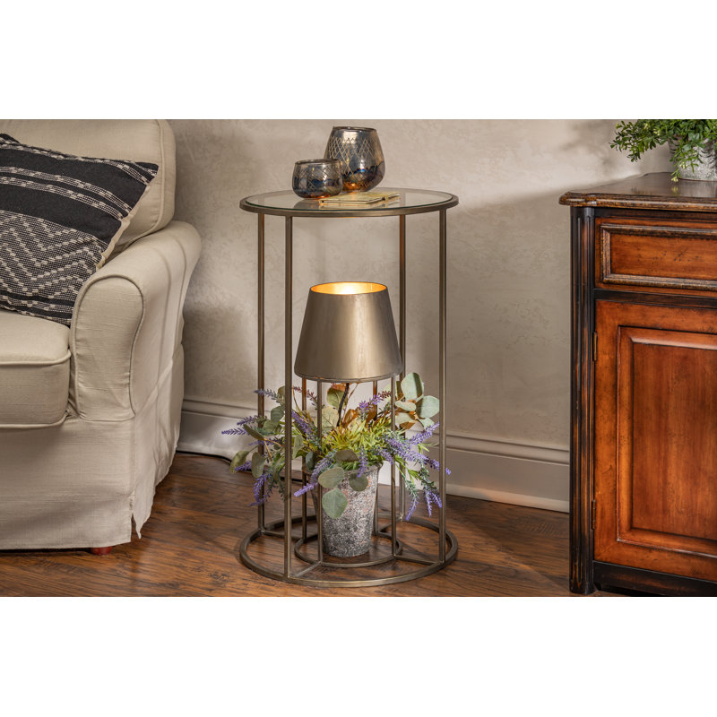 27.55-in H Round Metal Accent Table with Glass Top and Built In Electric Lamp