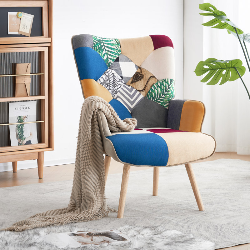 Fauteuil à oreilles capitonné de 31,5 po de largeur Mollie, Polyuréthane bleu / beige / gris