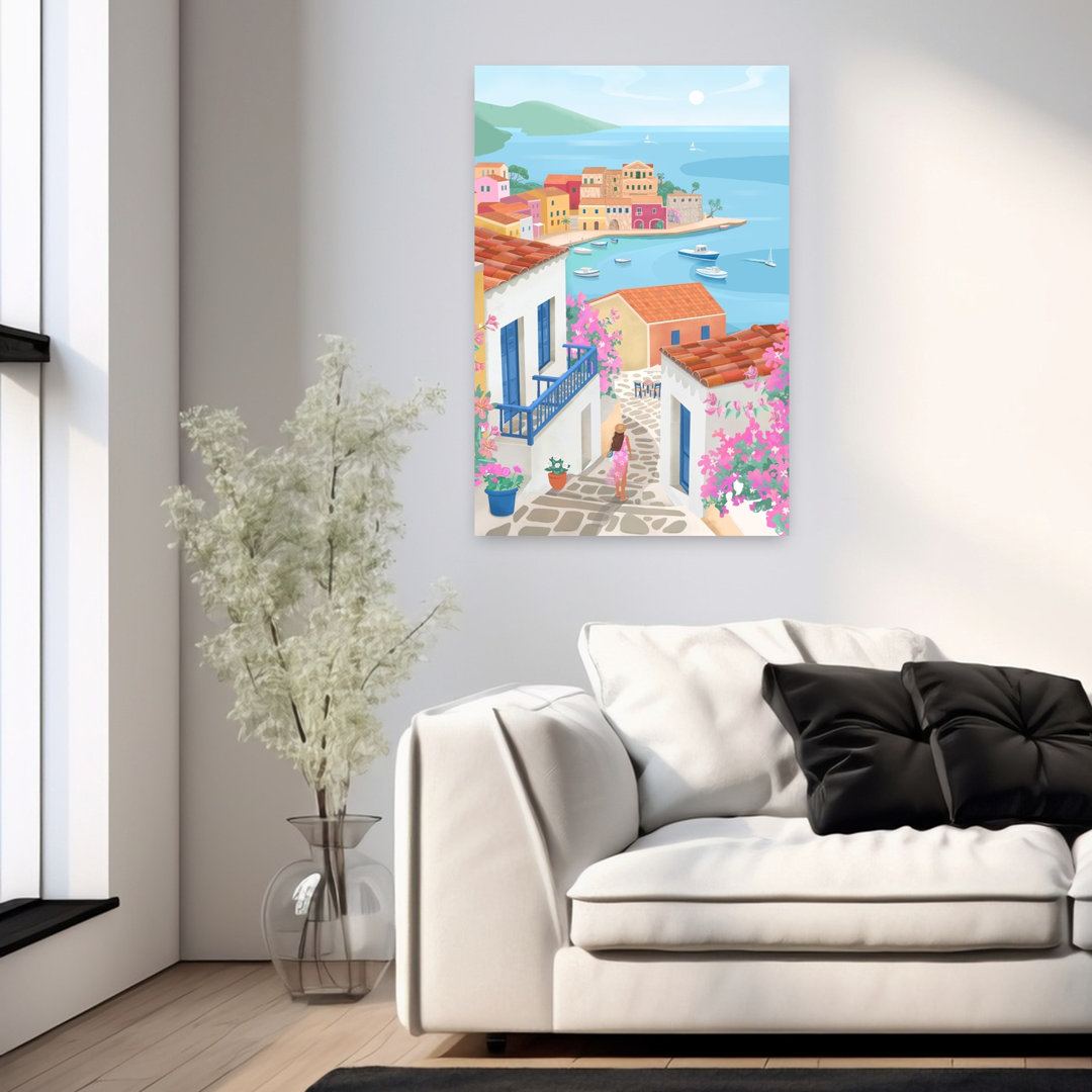 Mediterranean Coastal Village Colorful Serene Contemporary Coastal Landscape Wall Art Print