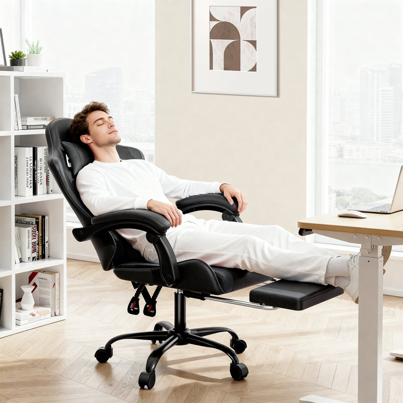 PU Leather Adjustable Gaming Chair, Ergonomic Desk Computer Chair with Headrest, Footrest and Lumbar Support, Black