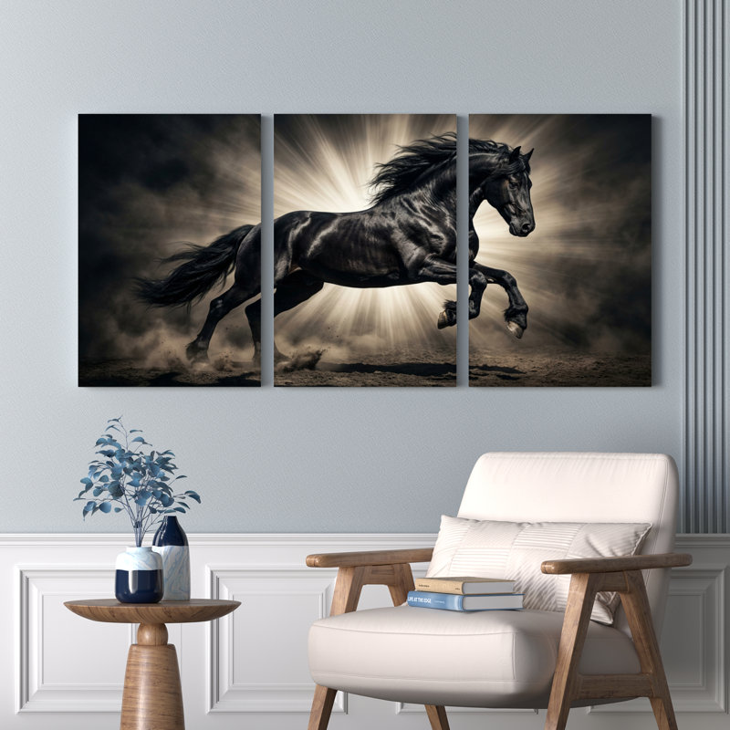 Ensemble de 3 tableaux sur toile tendue représentant un cheval noir au galop avec un soleil radieux, 1624