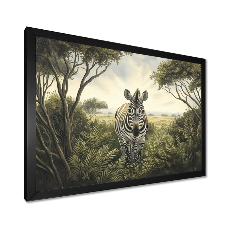 Aquarelle, jardin zébré I - art mural zèbre, H 12 po x l 20 po, Reproduction encadrée d'une seule photo sans pass, Noir
