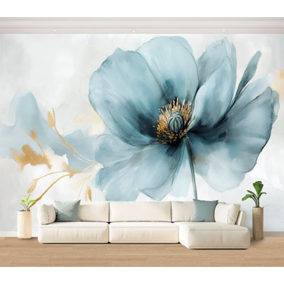 Wall Mural Peel and Stick Wallpaper Blue Abstract Teal Watercolor Spring Flower Floral Modern Gold Self-Adhesive Removable Contact Paper Wall Decor for Living Room Bedroom 100"H x 144"W
