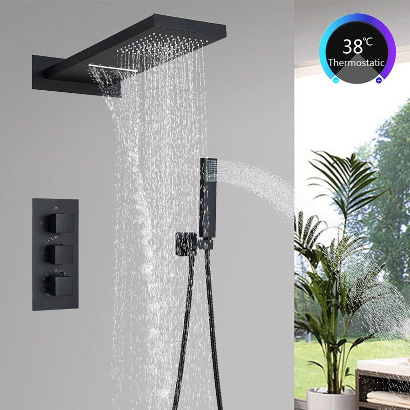 Thermostatic Concealed Bathroom Shower Set Rain Waterfall Head Mixer Tap Black