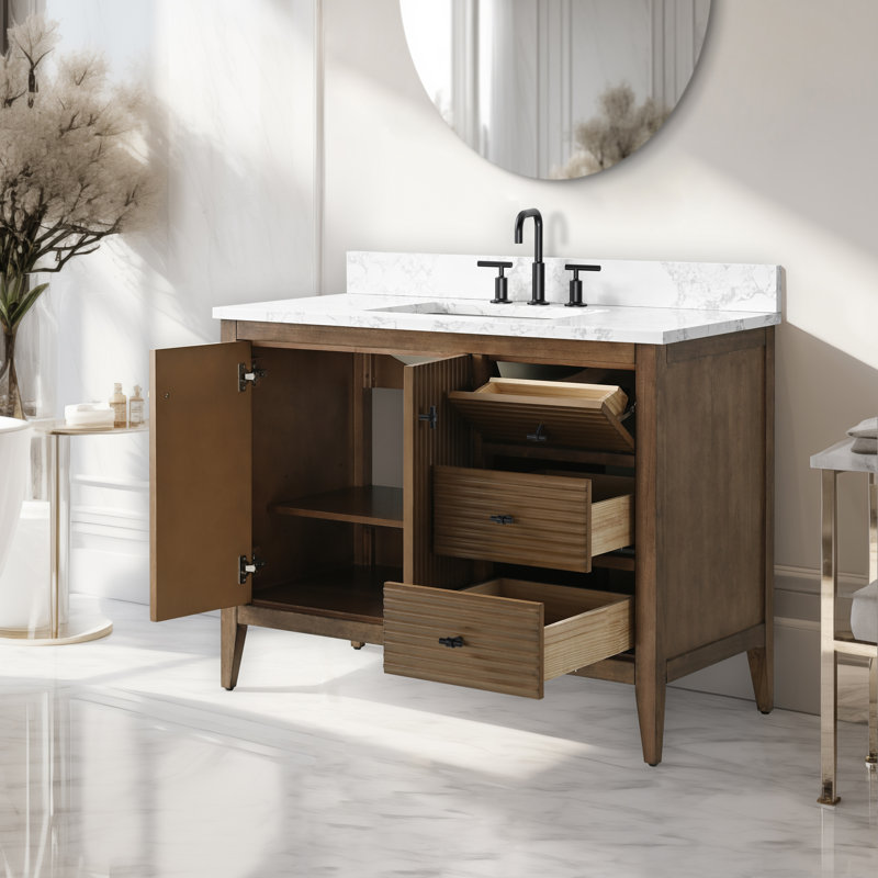 Ensemble de meuble-lavabo autoportant à simple cuve 42 po avec plateau en marbre Lavallon, Noyer linéaire, Noir mat