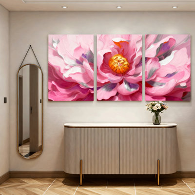 Pink Peony Floral Canvas Wrapped Wall Art, Oil Painting Print (Set of 3)