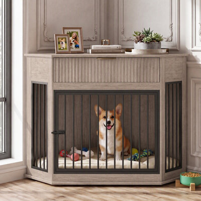 Meuble d'angle pour cage d'angle avec tiroir cannelé, chenil pour chien en panneau de fibres à densité moyenne pour l'intérieur