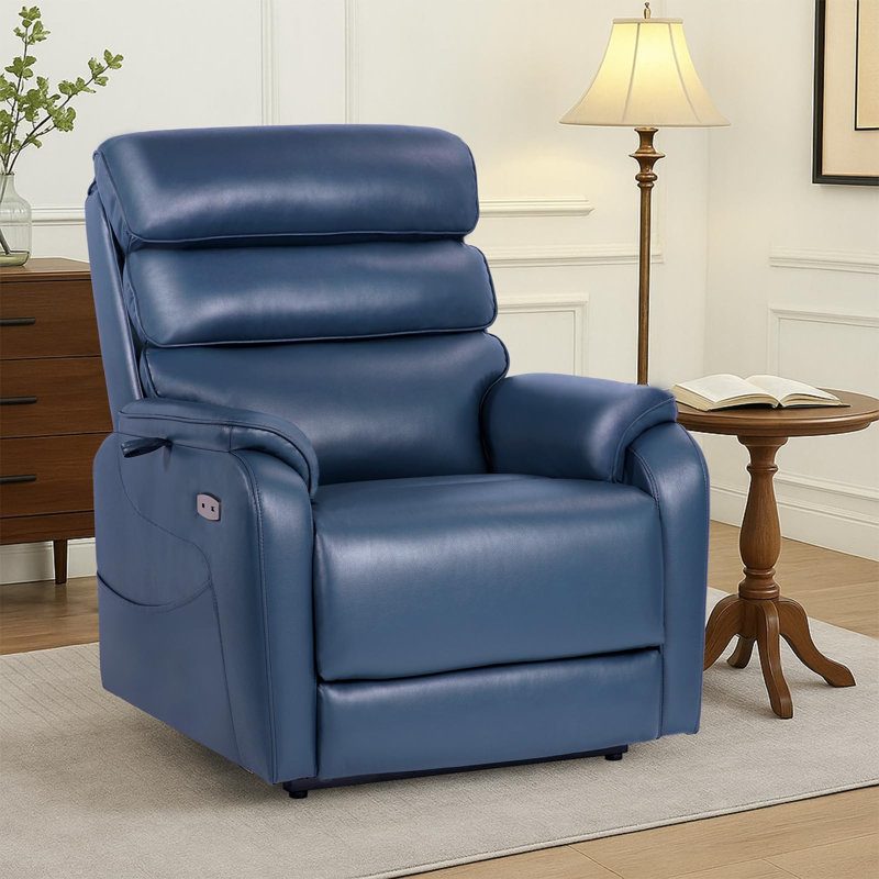 EONIX Dual Motor Lay Flat Power Lift Recliner Chair for Elderly, Electric Leather Lift Chairs for Adults, 400lbs Heavy Duty Power Recliner Lift Sofa with Heat and Massage, Navy Blue