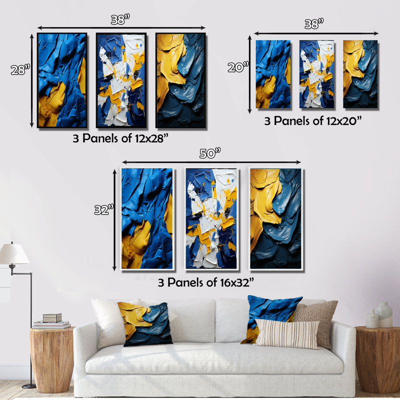 Ukraine Dreamscapes Abstract Blue And Yellow - Abstract Painting Art Set Of 3 Pieces, H 28 po x l 36 po, Encadrement doré