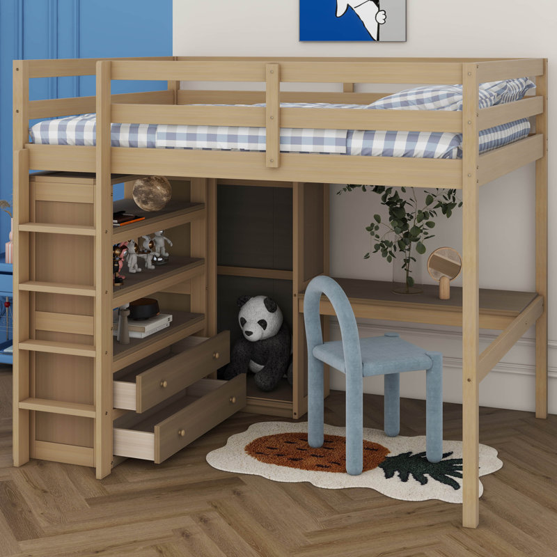 Lit mezzanine double en bois avec bureau, lit robuste avec garde-robe intégré, tablettes de rangement et tiroirs, Noyer