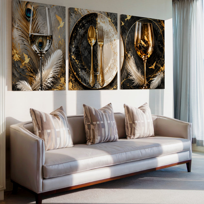 Triptyque exclusif en trois pièces, noir et or, représentant un service à vin et une table. Grand format, panoramique luxueux sur toile, idéal pour le salon, la chambre à coucher et le bureau.