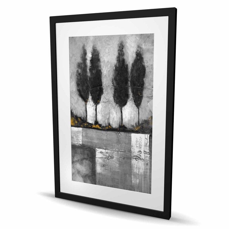 «Grayscale Industrial Landscape - Office Trees», reproduction encadrée, Gris; jaune