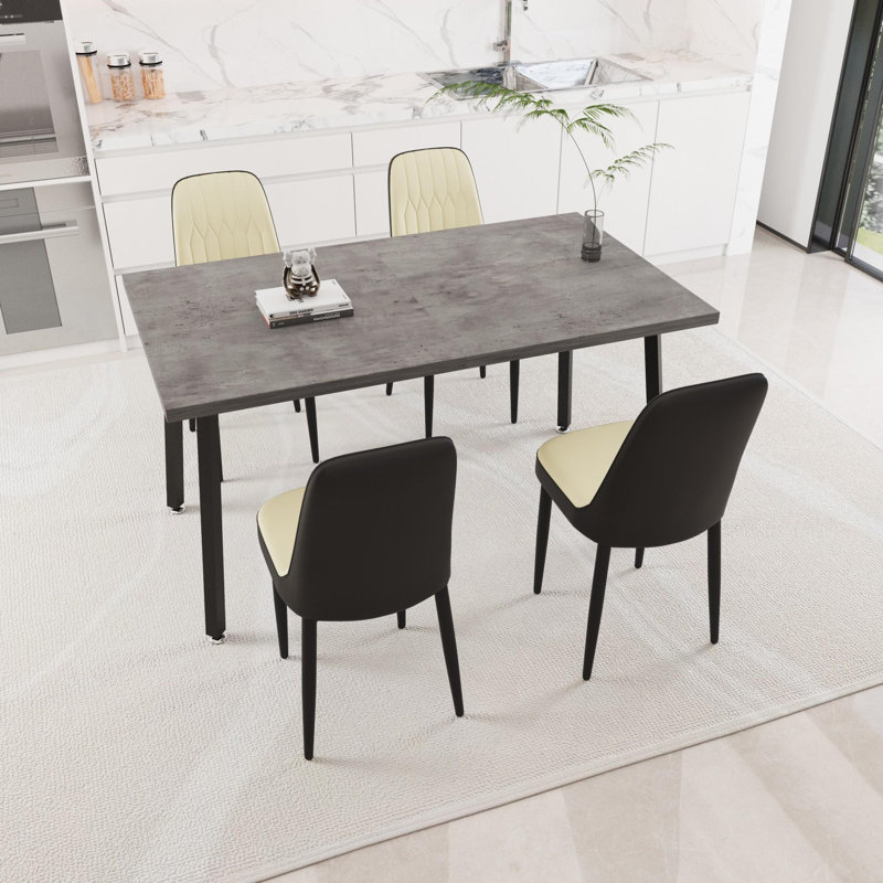 Ensemble de table de salle à manger moderne avec table extensible et chaises en polyuréthane, Beige/noir, 5
