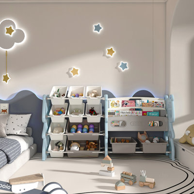 Organisateur de rangement de jouets pour enfants, organisateur de jouets avec bibliothèque à 2 niveaux, rangement de jouets avec tablette et 12 bacs à jouets, bibliothèque et rangement pour jouets pour salle de jeux, chambre à coucher, chambre d'enfant, salle de classe