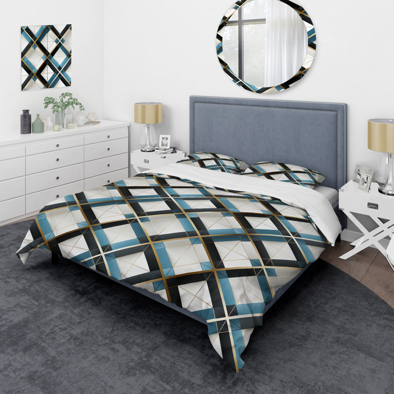 Literie blanche et bleue Urban Gridlock Channel, Housse de couette pour grand lit et 2 taies décor