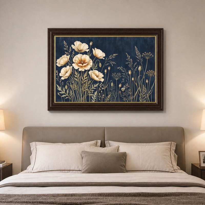 Toile crème, coquelicots et herbes sauvages sur fond bleu marine, H 16 po x l 24 po